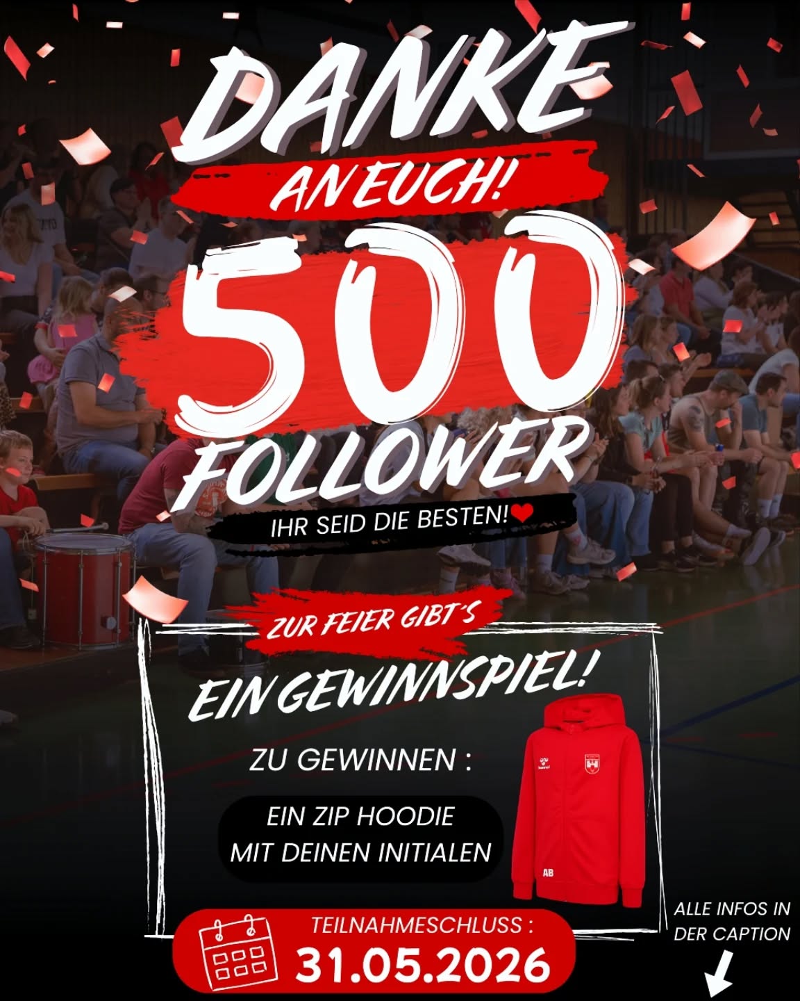 Danke für euren unglaublichen Support - 500 Follower, ihr seid der Wahnsinn! ❤️🙌

Zur Feier gibt’s ein Gewinnspiel für euch 🎉

So kannst du teilnehmen:
• ❤️ Beitrag liken
• ➕️ Uns Folgen
• 💬 Markiere 2 Personen, mit denen du zum nächsten Heimspiel kommen willst 
• 📲 Diesen Beitrag in deiner Story teilen

Teilnahmeschluss: 31.05.2026 ⏳

#gewinnspiel #danke #500followers #fans #handball